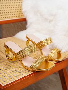 女士方头露趾不对称高跟凉拖鞋，时尚优雅的金属绑带凉拖鞋，适合日常通勤和各种场合的百搭高跟鞋 - 金色 - 查看 7