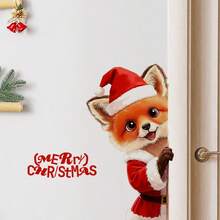 Pegatinas de pared con zorro asomándose con gorro de Papá Noel - Autoadhesivas y removibles, decoración de pared con estampado de animal de plástico para sala de estar, dormitorio, escuela - Fácil de aplicar, perfecta para decoración navideña y del Día de Acción de Gracias, decoración de ventanas, diseño alegre, fácil aplicación, decoraciones navideñas
