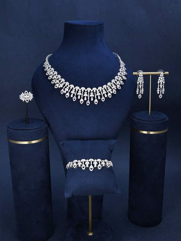 4pcs Silver Tone Elegant Sparkling Cubic Zirconia Jewelry Set - Necklace, Ring, Bracelet, Earrings, Suitable For Women Wedding Party