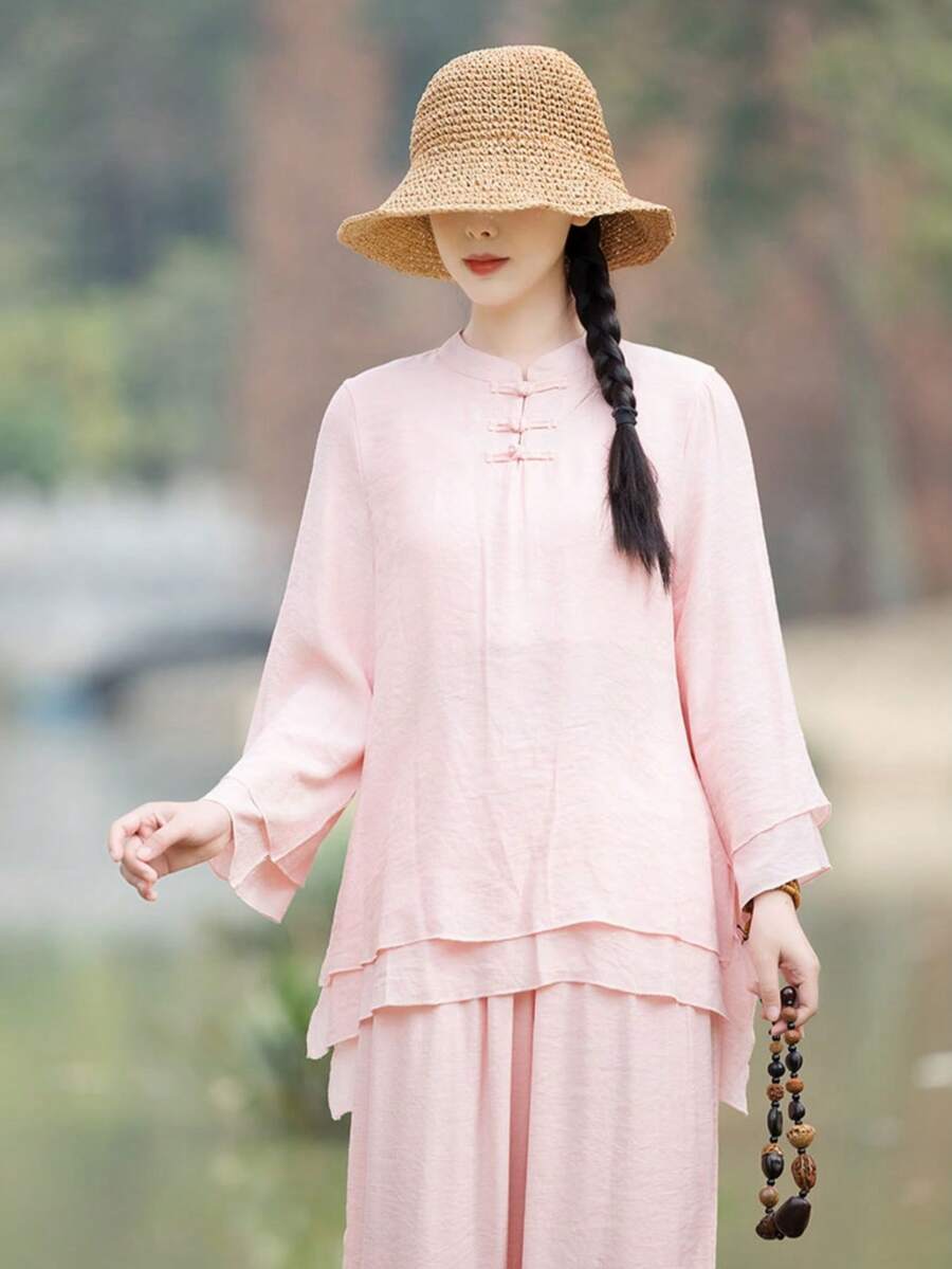 两件套女士白色改良汉服套装，中式不对称设计唐装，复古纽扣喇叭袖亚麻上衣和休闲灯笼裤，适合春夏禅茶道、瑜伽、太极等活动，粉色 - 粉色 - 查看 1