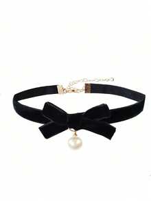1pc Simple Velvet Pearl Choker Necklace, Short Girl Clavicle Chain