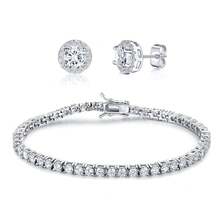 MDFUN 18 Karat Weißgold beschichtetes Tennis Armband und 6mm Kubikzirkonia Ohrringe Set, 3mm runde Kubikzirkonia für Frauen und Männer
