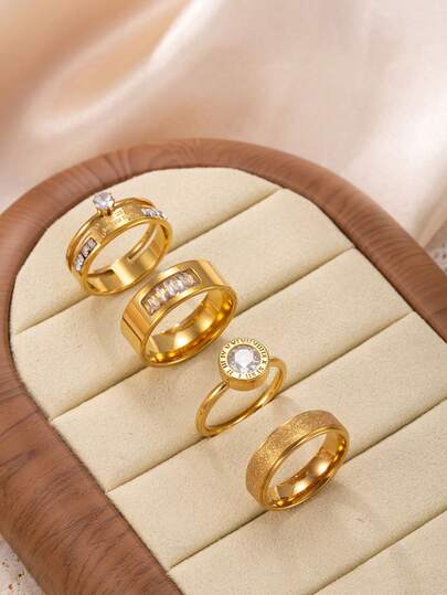 4pcs Elegant Stainless Steel Gold Plated Women's Rings Set With Rhinestone & Cubic Zirconia Elements, Suitable For Daily Wear, Festivals, Dates, Engagements, Weddings