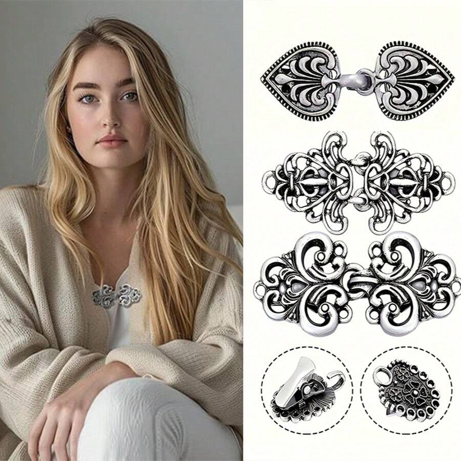 3-Piece Vintage Sweater Swirl Cape Cloak Clips For Dress Retro Cardigan Shawl Collar Clasp Dress Shirt Button Clip For Girl Women - Bạc - Xem 1