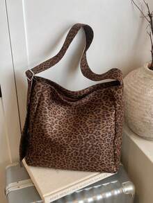 1 Pieza Bolso de hombro de mujer de ante estilo vintage con estampado de leopardo, elegante, de gran capacidad, con cierre de cremallera, correa de hombro ajustable, diseño de correa de hombro ancha, bolso casual perfecto para viajes, fiestas, ir a la oficina o la escuela, es un imprescindible para mujeres, mejores amigas, madres, trabajadoras de oficina y estudiantes para su uso diario.