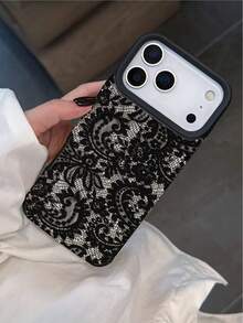1pc New Large Hole Faux Leather Lace Painted Pattern Phone Case Compatible With Apple 17 Pro Max, 11/12/13/14 Plus, 16 Pro Max, XR/7/8 Plus, 15 Pro Max