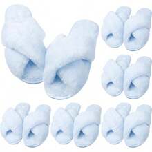 6 Pairs Womens Cross Band Slippers Fuzzy Plush House Bridesmaid Slipper White |   Black |   Pink Open Toe Fluffy Slipper Soft Warm Bridal Slippers2025 - 藍色 - 查看 12