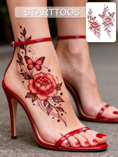 Stor blommig armtatueringsklistermärke - Röd hennablomma och fjärilsmönster tillfällig falsk tatuering, lämplig för DIY, animefestival, karneval, musikfestival, alla hjärtans dag, fest, högtidsgåvor, sexig för lår, bröst, mage, rygg, axel, nacke, nyckelben, vattentät realistisk tatueringsklistermärke