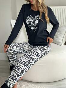 Heart Print Long Sleeve Top & Zebra Pattern Pants Pajama Set - Black - View 3