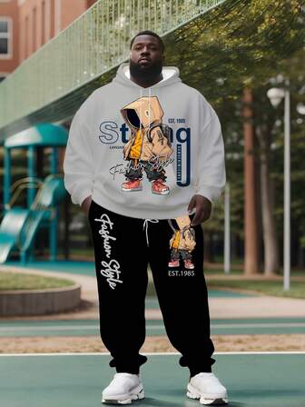 大码男士专属！卡通人物“时尚风”印花连帽衫 + 黑色运动裤套装，宽松舒适，街头风，轻松驾驭，个性大码身材