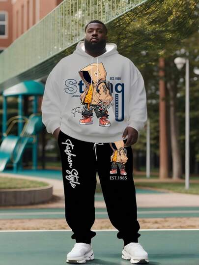 大码男士专属！卡通人物“时尚风”印花连帽衫 + 黑色运动裤套装，宽松舒适，街头风，轻松驾驭，个性大码身材