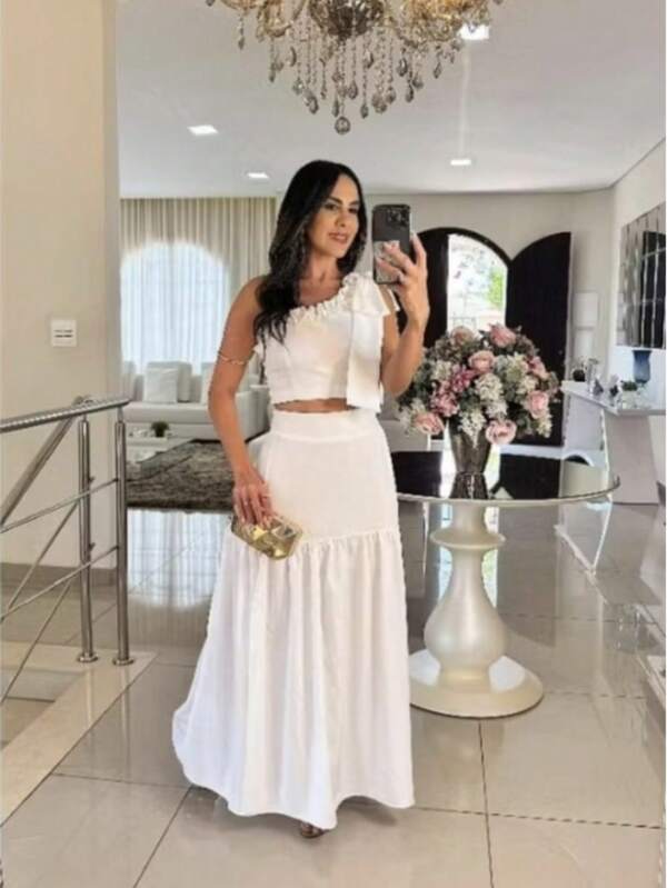 Conjunto Feminino Saia e Croped Manga Lateral com Laço Tecido Sensorial Macio Casual Elegante Tamanho Unico veste do 38 ao 42