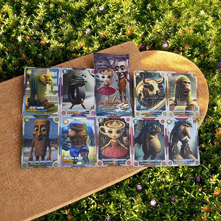 Juego de cartas de colección de dibujos animados divertidos de la serie de batalla de estilo anime "Reencarnación de la vena cerebral italiana Reencarnación Shar/Tararo", con cartas impresas con láser brillante en la parte inferior, juego de cartas estratégico, regalo significativo para amantes del anime, empaque exterior aleatorio