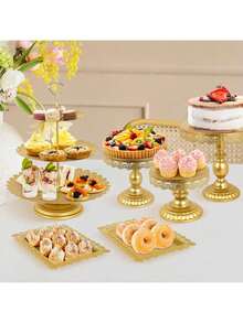 8-Piece Dessert Table Display Set: Romantic Golden Round Cake Stand & Cupcake Tower For Birthday Parties, Weddings & Baby Showers, Dessert Table Display Set,Food Display Stands,Home Decor - Vàng - Xem 6