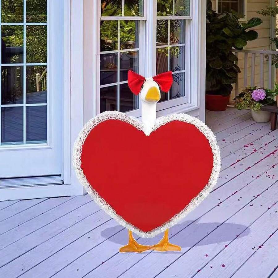 Valentine Porch Goose Outfit Cute Heart Costume With Head Bow For Lawn Goose Statue, Patio Decoration - 紅色 - 查看 1