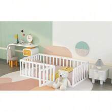 Kinderbett 90 x 200, Holzboden Bettrahmen mit Zaun und Tür, Weiß (Alte SKU ist WF316892AAW)