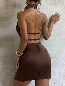 WOWDARK 女士冬季缎面高领露背紧身派对连衣裙，适合情人节、约会、派对、聚会、婚礼等春季场合。 - 棕色 - 查看 8