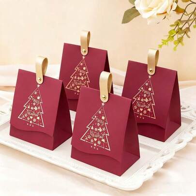 4 Christmas Gift Boxes - With Leather Handles, Designed With Festive Red, White, And Green Christmas Tree Reindeer, Suitable For Packaging Small Gifts - Ideal For Christmas Gift Decoration, Party Gifts, And Winter New Year Gifts, Christmas Gift Box, Gift Box Packaging, Christmas Decoration, Christmas Gift Box, Holiday Gift, Seasonal Decoration, Elegant Packaging, Decorative Packaging, High-End Surface,Gifts For Women