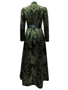 女士优雅舒适提花缎面V领长袖A字连衣裙，深绿色，春秋度假款 - 綠色 - 查看 3