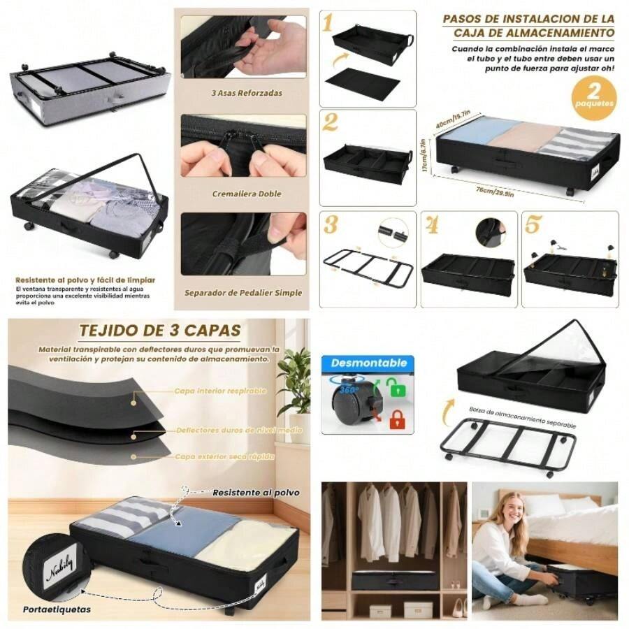 Pack de 2 Contenedores de Almacenamiento Debajo de la Cama con Ruedas y 3 Asas Reforzadas Organizador de Almacenamiento de Gran Capacidad con Ventana Transparente se Adapta Ropa y Zapatos - Negro - Ver 1