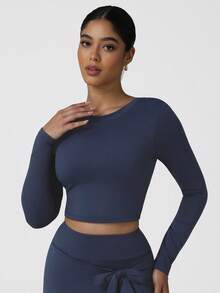 Sodalemon Camiseta de entrenamiento de manga larga para mujer, camiseta de yoga elástica de cuello redondo para fitness, ropa casual de deporte y entrenamiento - Azul Marino - Ver 6