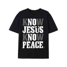 Tops de primavera para damas, tops para mujeres, camiseta de manga corta con cuello redondo, camiseta Ootd, camiseta Conoce a Jesús, Conoce la Paz, camiseta religiosa cristiana en Dios. - Negro - Ver 1
