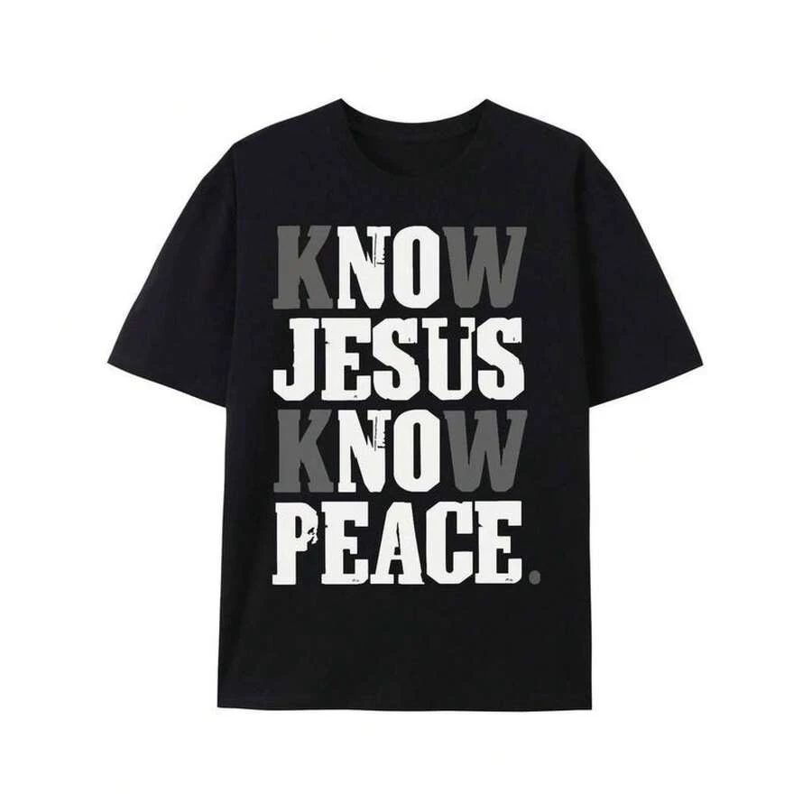 Tops de primavera para damas, tops para mujeres, camiseta de manga corta con cuello redondo, camiseta Ootd, camiseta Conoce a Jesús, Conoce la Paz, camiseta religiosa cristiana en Dios. - Negro - Ver 1
