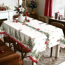 1pc Christmas Tree Rectangle Tablecloth, Washable Polyester Table Cover With Farmhouse Winter Christmas Pine Branches And Ornament Decor, Suitable For Holiday Celebration, Winter And Christmas Theme Party, Living Room, Kitchen, Dining Table, Patio, Picnic, Indoor And Outdoor Home Decor - White - View 3