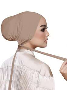 1 pièce Foulard à capuche élastique de couleur unie à cordon de serrage pour femme, convient pour le port quotidien avec des robes - kaki clair - Voir 5