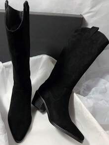 2025秋冬新款时尚西部尖头绒面过膝长靴（女款） - 黑色 - 查看 2
