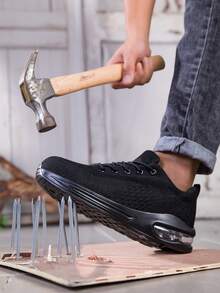 Anti-Slip, Anti-Puncture, Steel Toe Lightweight Work Shoes, Fashionable Breathable Anti-Slip Safety Shoes, Men & Women Air Cushion Labor Protection Shoes With Steel Toe - Black - View 5