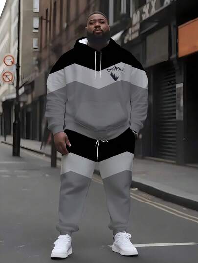 加大码男士渐变色山峰印花连帽衫套装，宽松舒适，街头风，撞色设计，加州时尚，适合大码和高码人士