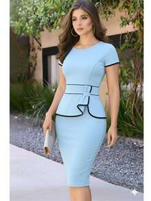 Red White Midi Dress With Bow And Bow, Wholesale Promotion - 淺藍色 - 查看 1