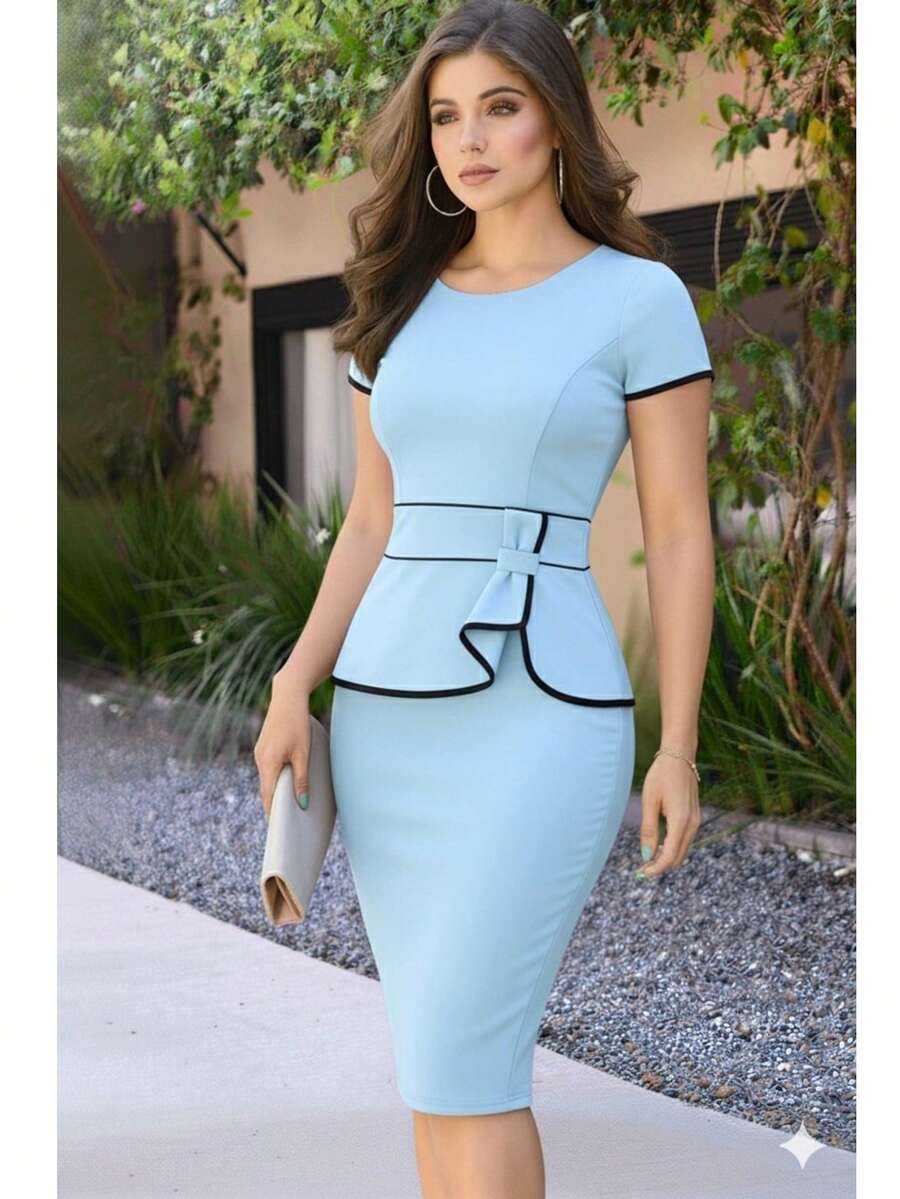Red White Midi Dress With Bow And Bow, Wholesale Promotion - 淺藍色 - 查看 1