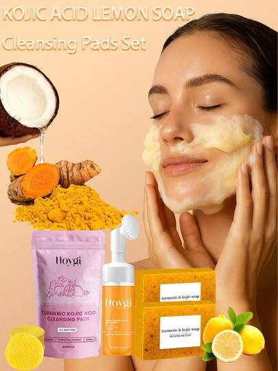 3Pcs/Set Turmeric & Kojic Soap Three Pieces Set, Turmeric Tablets, TurmericCleansing Mousse Lemon Turmeric & Kojic Acid Brightening Soap, Natural Organic Turmeric Face & Bath Soap Bar For Face & Body, Deep Cleansing & Smoothing Skin