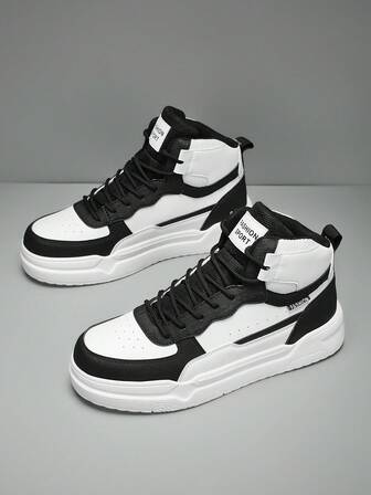 Zapatillas deportivas de alta top con línea nítida de letras en blanco y negro, zapatos casuales minimalistas para exteriores para adolescentes, zapatos de ocio transpirables