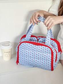 1pc Blue Background Red Heart Portable Makeup Bag, Large Capacity Compartment Organizer Pouch, Daily Cosmetic Accessories, Handbag For Travel, Home & Outdoor, Fashionable Women Essentials Make Up Bag Makeup Pouch Cosmetic Bag Toiletry Bag Wash Bag Travel Essential Cruise Essentials Vacation Essentials For Men Women