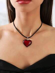 1pc Stylish Elegant Heart Shaped Glass Wax Cord Necklace Suitable Women To Wear On Festival Occasions Valentines,Mom,Mother,Mother's Day, - 酒紅色 - 查看 4