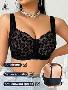 Plus Size Seamless Underwire Front-Closure Lace Bra Casual Soft Comfort Lace Support Bra Lifting Effect Non-Removable Pads Skin-Friendly Comfort Bra Lifting Support Gathering Underwear Wide Straps