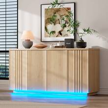 HWB 63'' Buffet Cabinet With Storage, Coffee Bar With 4 Doors & 2 Adjustable Shelves, Modern Sideboard Table With 3 Color LED Light For Kitchen (Wood) - 查看 9