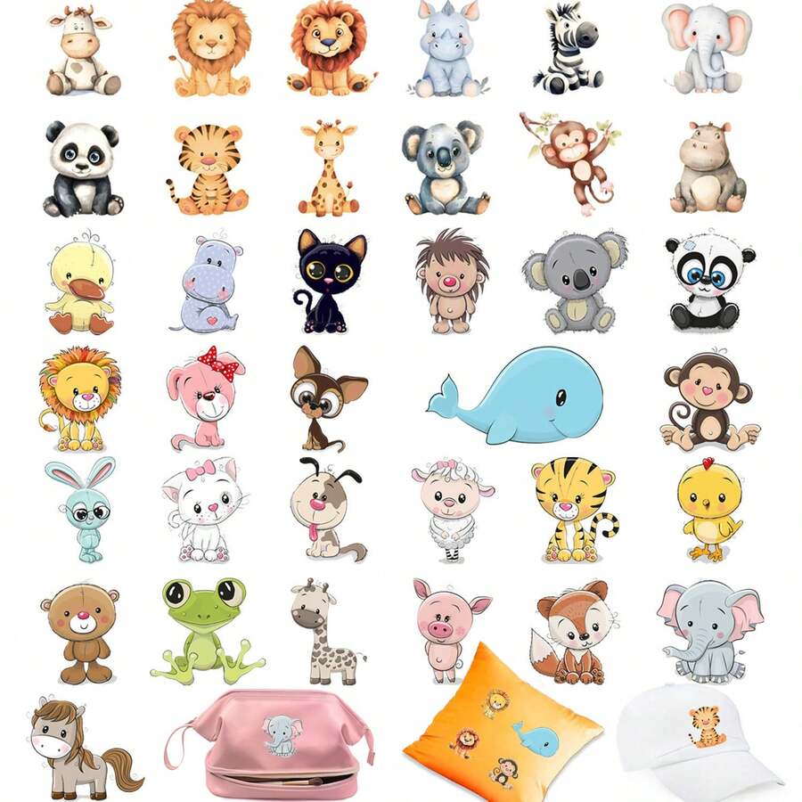 36/24/12/3/1 件动物熨烫转印贴花 - DIY 热压补丁，适用于 T 恤、口罩、牛仔裤和背包 - 彩色 - 查看 1