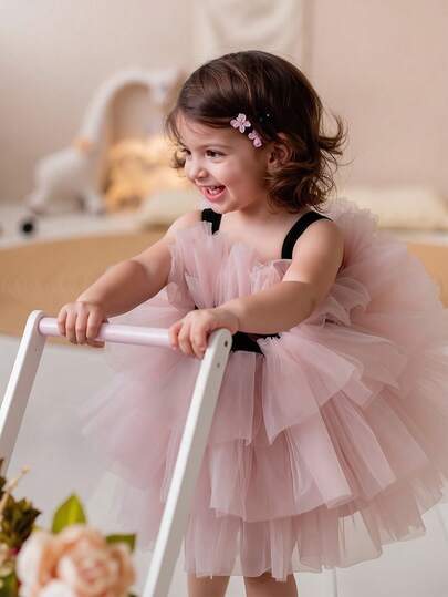 Baby Girls' Pink Bow Contrast Color Elegant Party Dress, Princess Dress Suitable For 1st Birthday Party, Wedding, Holiday Celebration