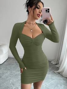 abyoxi Vestido de fiesta elegante y sexy de color rojo con escote de corazón, manga larga, fruncido y ajustado, ideal para citas, romántico, de moda, Día de San Valentín, chica sexy, nueva ropa de mujer para primavera