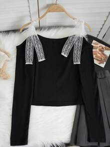 可爱性感蝴蝶蕾丝肩带针织短款上衣，适合圣诞节、新年、外出、约会、购物、秋冬