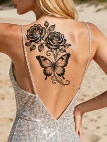 STARTTOOS Black Tattoo Sticker Minimalist Rose Butterfly Pattern Temporary Fake Tattoo Sticker Sexy Hips, Thighs, Chest, Waist, Abdominal DIY Daily Party Festival Gift Body Art Waterproof Realistic Tattoo Sticker 1 Pack - Black - View 3