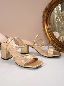 French Square Toe Strap Elegant Fairy Style Chunky Heel Slide Sandals, Suitable For Dates, Shopping, Commuting, Business, Gatherings, Parties, Vacations, Fashionable, Versatile, Comfortable - Gold - View 5