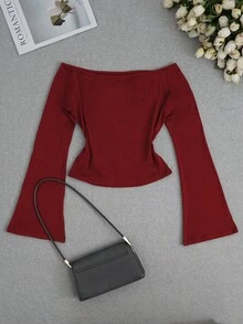 时尚休闲 Y2K 女式十字印花露肩喇叭袖上衣 - 紅色 - 查看 2