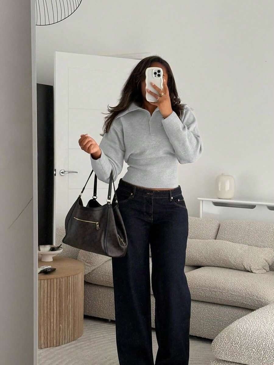 女士休闲复古高领修身长袖毛衣，灰色纯色落肩针织上衣，适合秋冬季节、日常通勤、商务休闲、外出以及返校、教师节等场合。 - 灰色 - 查看 1