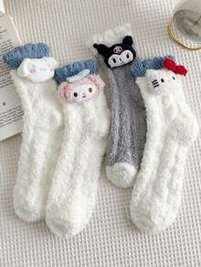 Sanrio 4 Pairs Women's Autumn/Winter Coral Fleece Cute Cartoon Hello Kitty, My Melody, Kuromi, Cinnamoroll Pattern Fashion Warm Comfortable Sleepwear Mid-Calf Socks