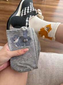 3 Pairs Cartoon Cat & Egg Pattern Crew Socks, Funny Christmas Gift Socks, Suitable For Spring, Autumn, All Seasons, Fashionable & Cute Animal Design - Multicolor - View 5